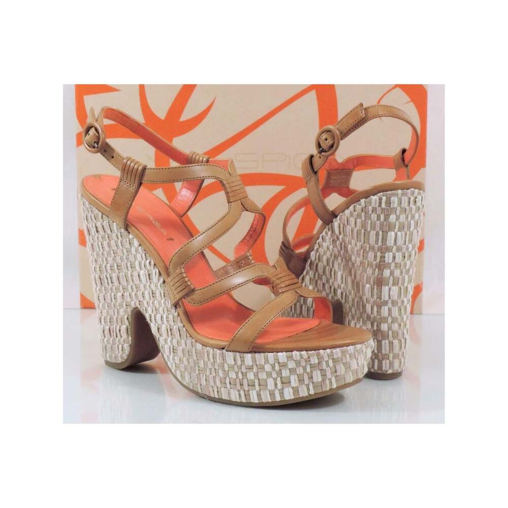 $225 Via Spiga Cai Platform Wedge Espadrille Sandal Leather Tan Camel
